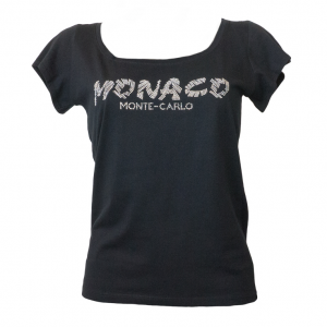 Women T-Shirt Open Neck Monaco Studs Black Front