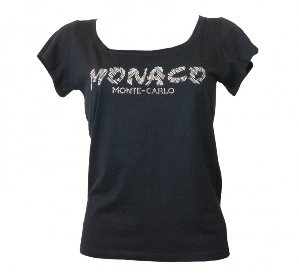 Women T-Shirt Open Neck Monaco Studs Black Front